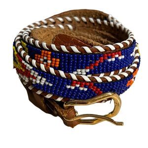 2 Vintage 70s Thin Brown Leather Beaded Belts Size 36”